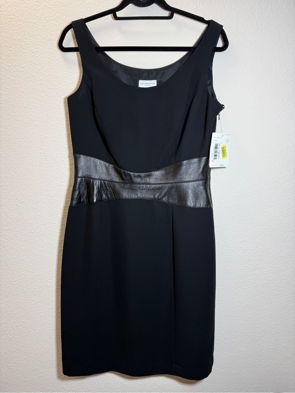 Liz Claiborne Dress 12 Black Leather Trim Sheath Scoop Neck LBD New With Tags